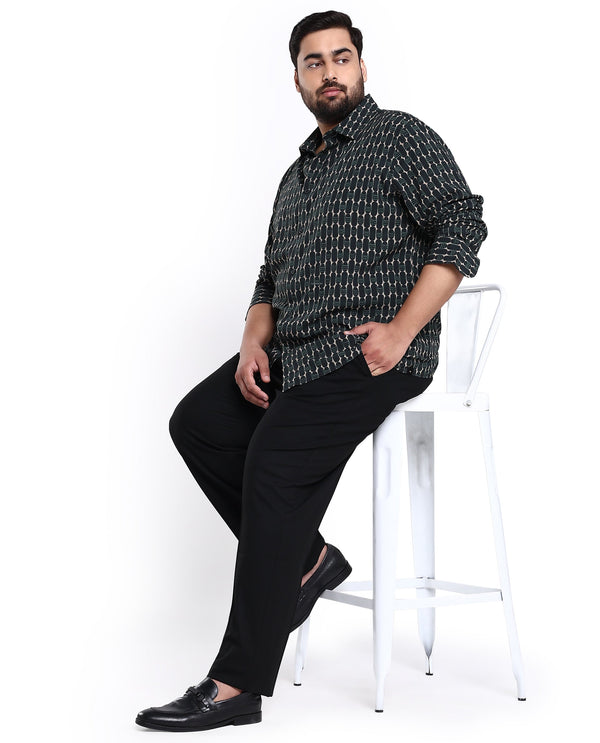 Rare Rabbit Mens Oliver Green Viscose Fabric Full Sleeves Geometric Print Shirt Plus Size