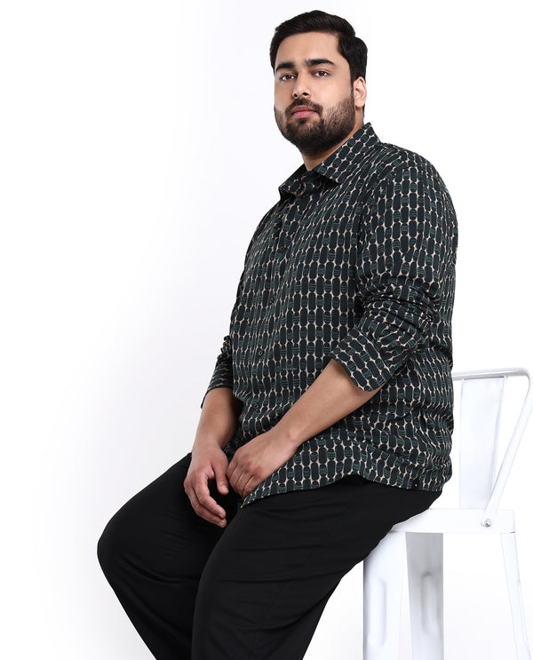 Rare Rabbit Mens Oliver Green Viscose Fabric Full Sleeves Geometric Print Shirt Plus Size