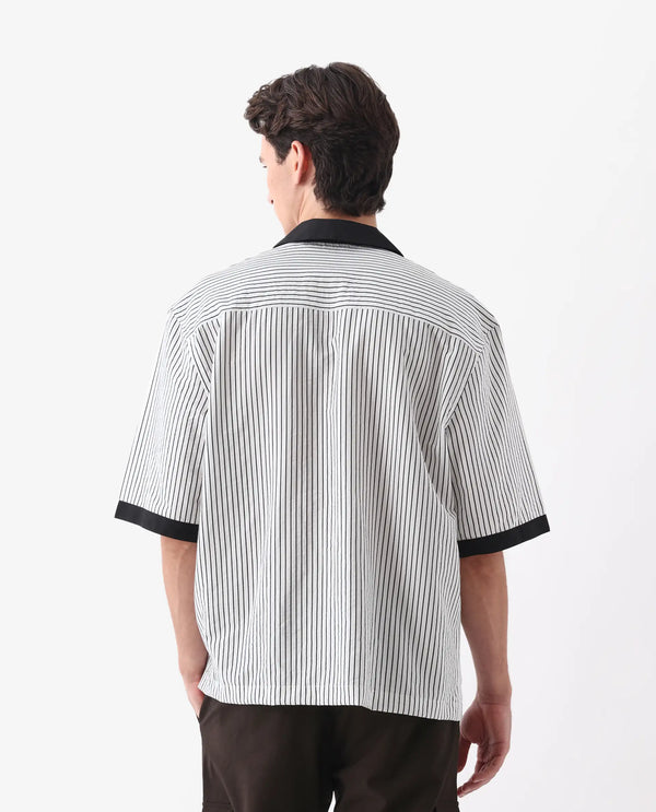 Rare Rabbit Men's Ollie White Viscose Nylon Fabric Half Sleeve Cuban Collar Button Closure Boxy Fit Striped Shirt