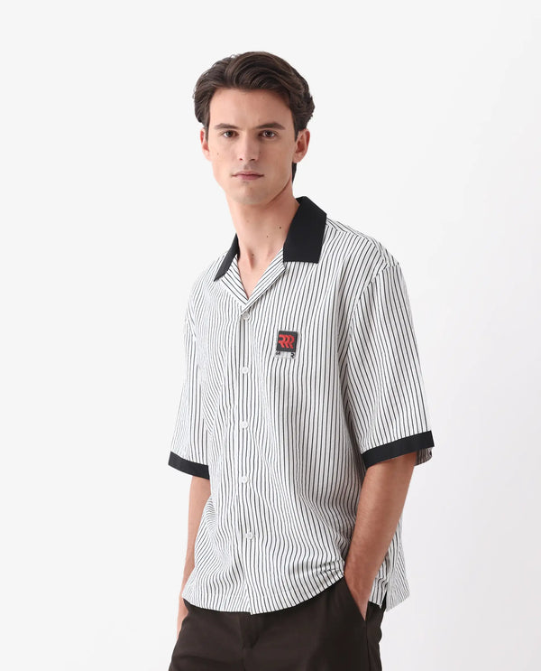 Rare Rabbit Men's Ollie White Viscose Nylon Fabric Half Sleeve Cuban Collar Button Closure Boxy Fit Striped Shirt