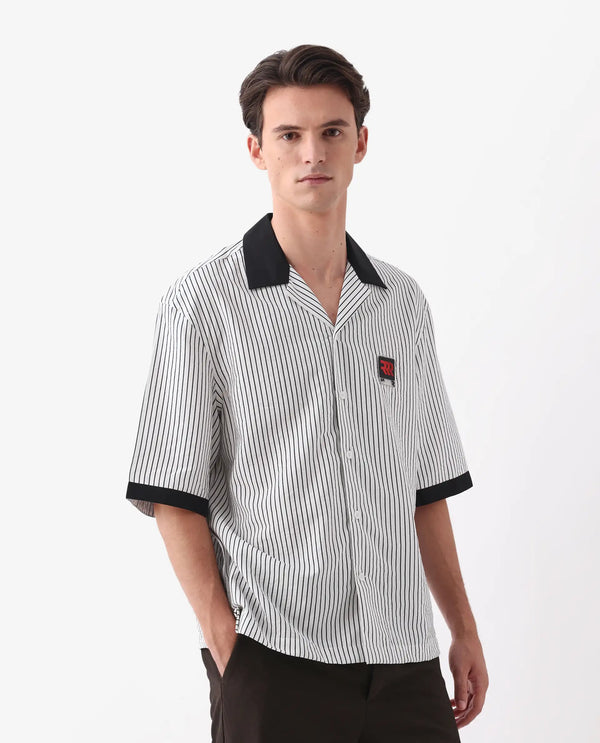 Rare Rabbit Men's Ollie White Viscose Nylon Fabric Half Sleeve Cuban Collar Button Closure Boxy Fit Striped Shirt