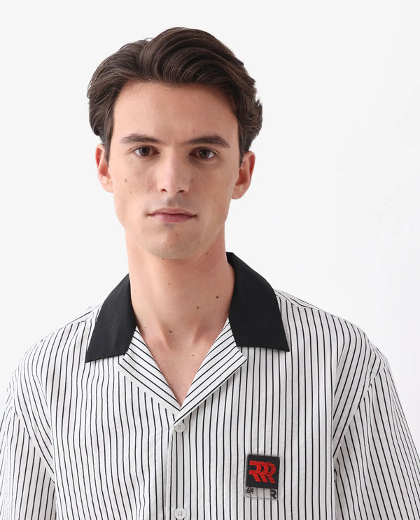Rare Rabbit Men's Ollie White Viscose Nylon Fabric Half Sleeve Cuban Collar Button Closure Boxy Fit Striped Shirt