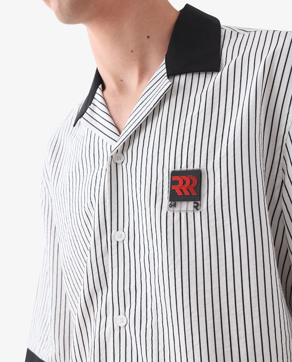 Rare Rabbit Men's Ollie White Viscose Nylon Fabric Half Sleeve Cuban Collar Button Closure Boxy Fit Striped Shirt