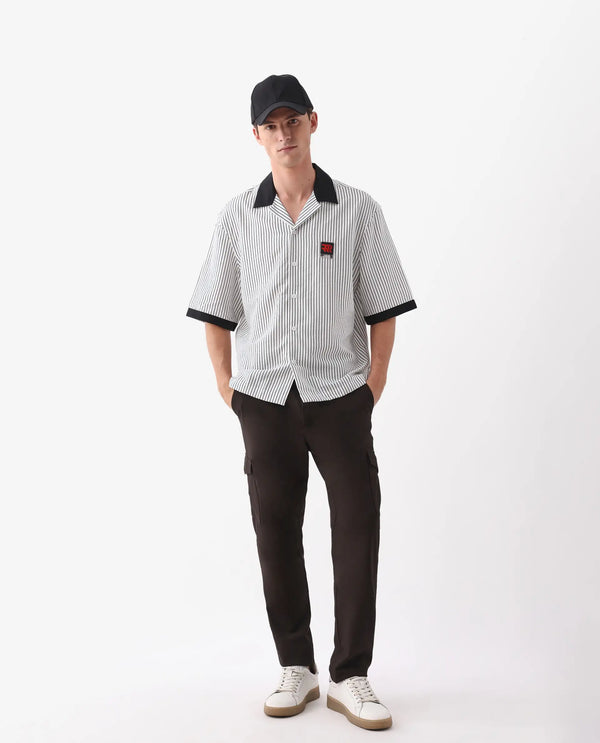Rare Rabbit Men's Ollie White Viscose Nylon Fabric Half Sleeve Cuban Collar Button Closure Boxy Fit Striped Shirt