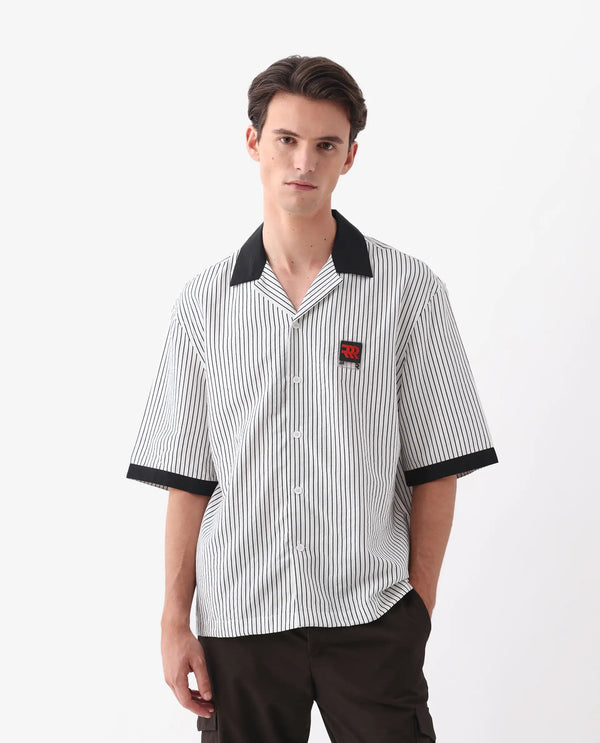 Rare Rabbit Men's Ollie White Viscose Nylon Fabric Half Sleeve Cuban Collar Button Closure Boxy Fit Striped Shirt