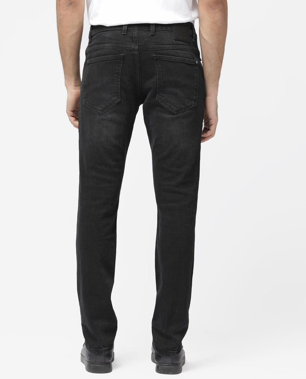 Rare Rabbit Men's Omiros Black Slim Fit Mid Rise Dark Wash With 3D Whiskers Jeans