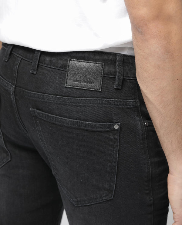 Rare Rabbit Men's Omiros Black Slim Fit Mid Rise Dark Wash With 3D Whiskers Jeans