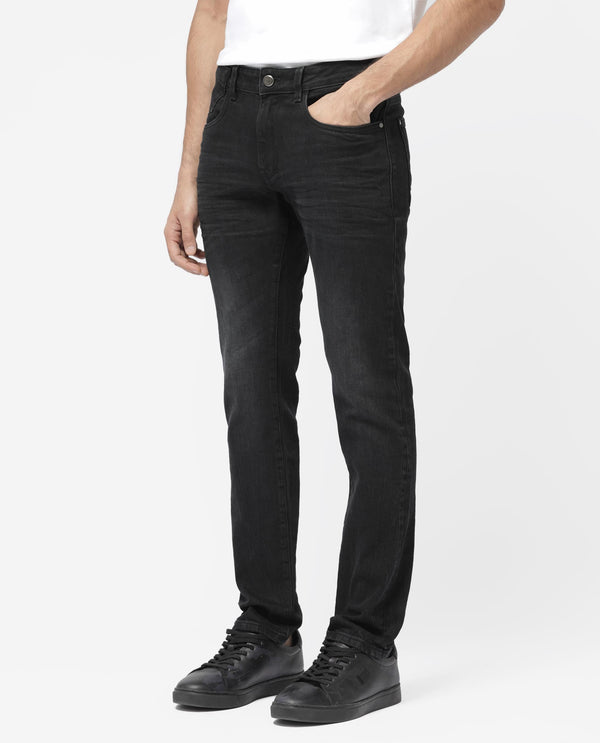 Rare Rabbit Men's Omiros Black Slim Fit Mid Rise Dark Wash With 3D Whiskers Jeans