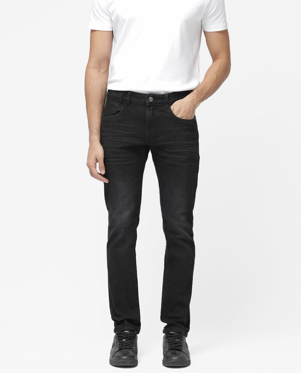 Rare Rabbit Men's Omiros Black Slim Fit Mid Rise Dark Wash With 3D Whiskers Jeans