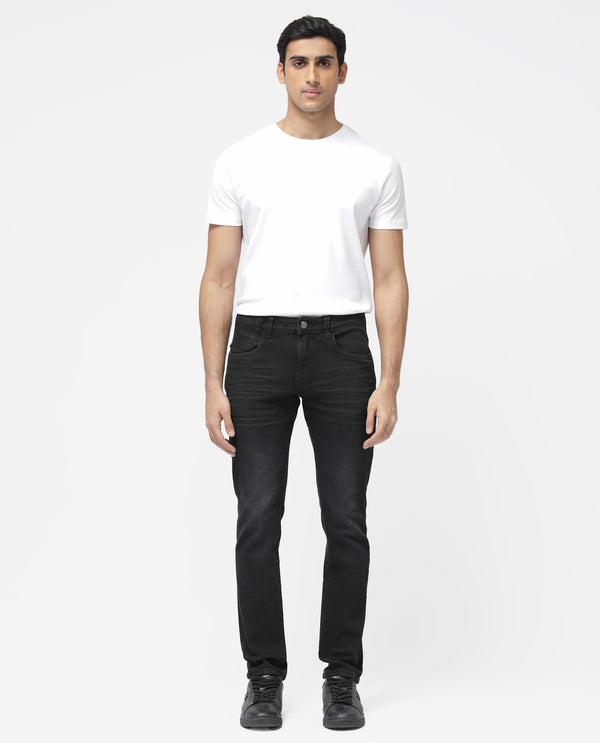 Rare Rabbit Men's Omiros Black Slim Fit Mid Rise Dark Wash With 3D Whiskers Jeans