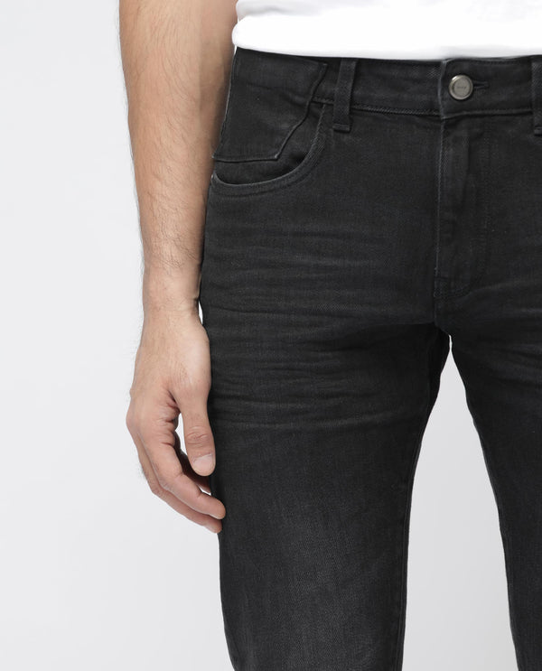 Rare Rabbit Men's Omiros Black Slim Fit Mid Rise Dark Wash With 3D Whiskers Jeans
