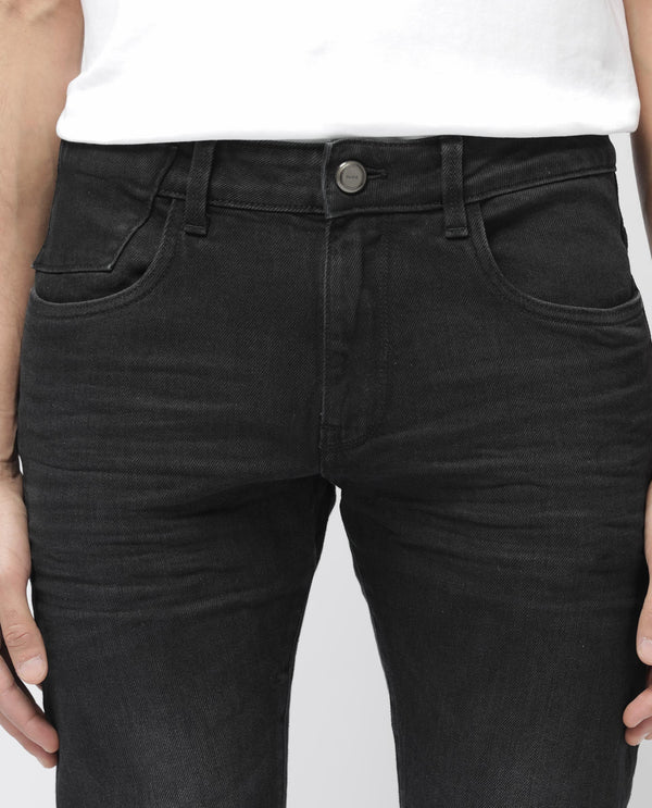 Rare Rabbit Men's Omiros Black Slim Fit Mid Rise Dark Wash With 3D Whiskers Jeans