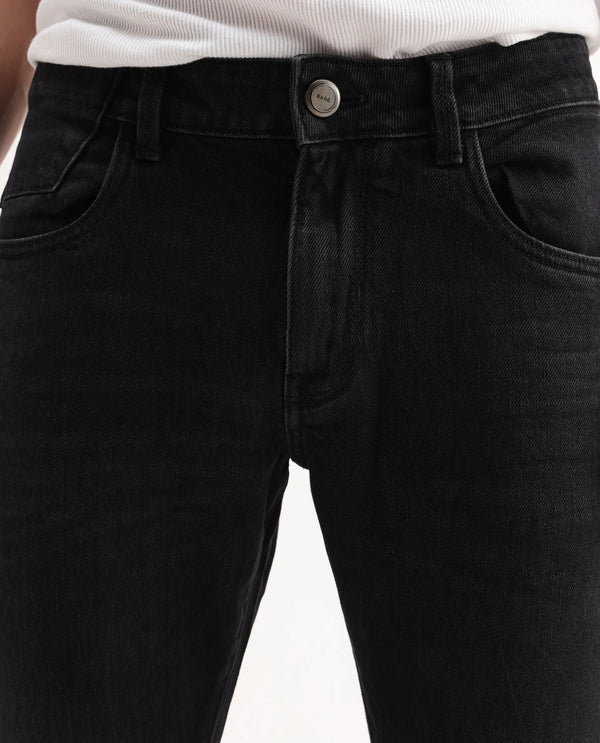 Rare Rabbit Men's Omiros Black Slim Fit Mid Rise Dark Wash With 3D Whiskers Jeans
