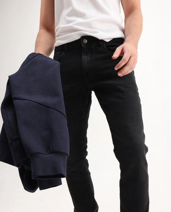Rare Rabbit Men's Omiros Black Slim Fit Mid Rise Dark Wash With 3D Whiskers Jeans