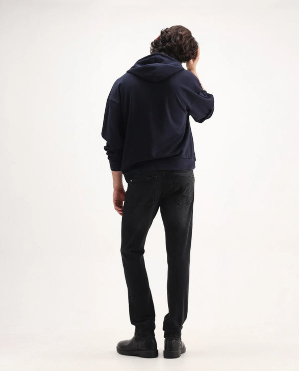 Rare Rabbit Men's Omiros Black Slim Fit Mid Rise Dark Wash With 3D Whiskers Jeans