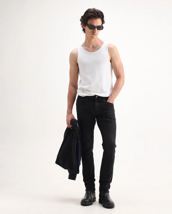 Rare Rabbit Men's Omiros Black Slim Fit Mid Rise Dark Wash With 3D Whiskers Jeans