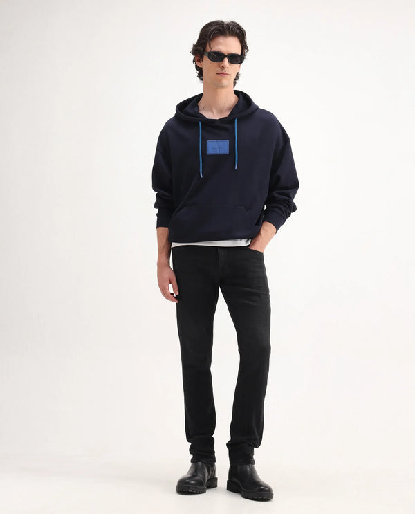 Rare Rabbit Men's Omiros Black Slim Fit Mid Rise Dark Wash With 3D Whiskers Jeans