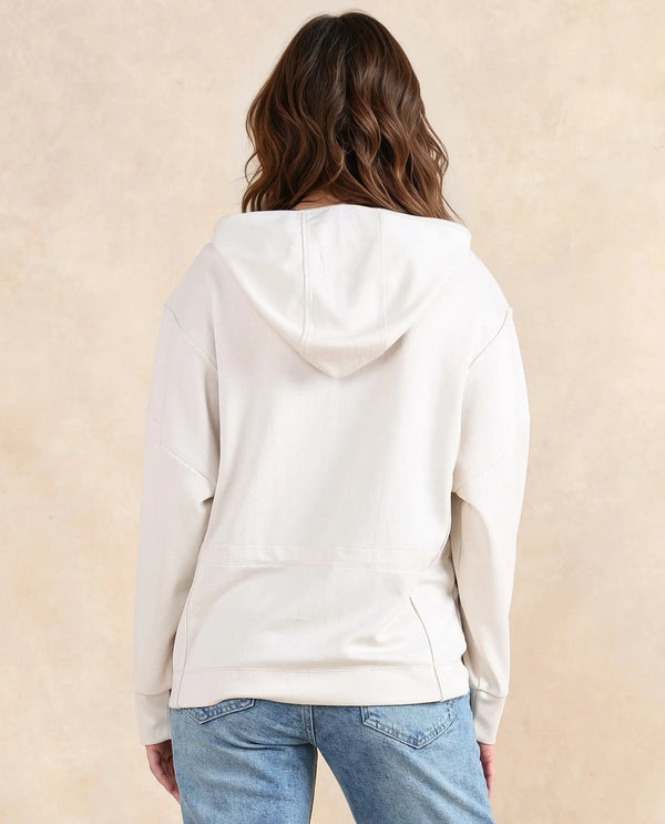 Rareism Women Onerler Off White Modal Lycra Fabric Full Sleeve Hooded Zipper Closure Relaxed Fit Plain Sweatshirt