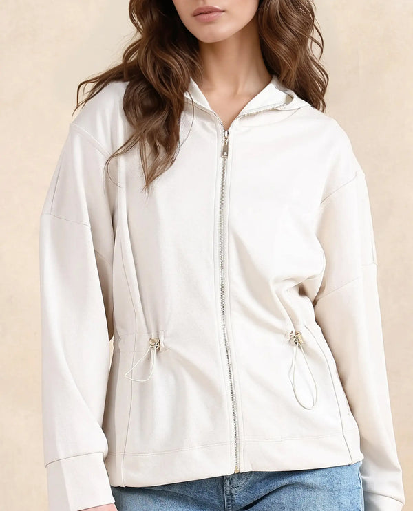 Rareism Women Onerler Off White Modal Lycra Fabric Full Sleeve Hooded Zipper Closure Relaxed Fit Plain Sweatshirt