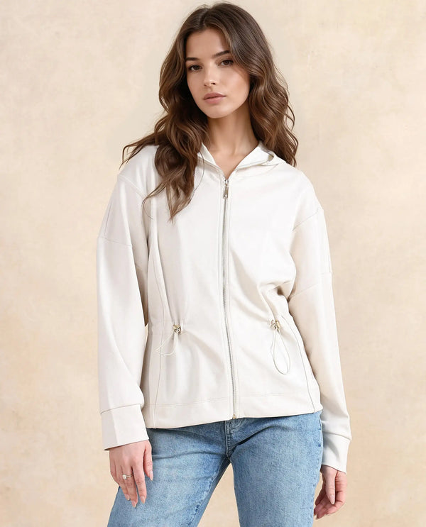 Rareism Women Onerler Off White Modal Lycra Fabric Full Sleeve Hooded Zipper Closure Relaxed Fit Plain Sweatshirt