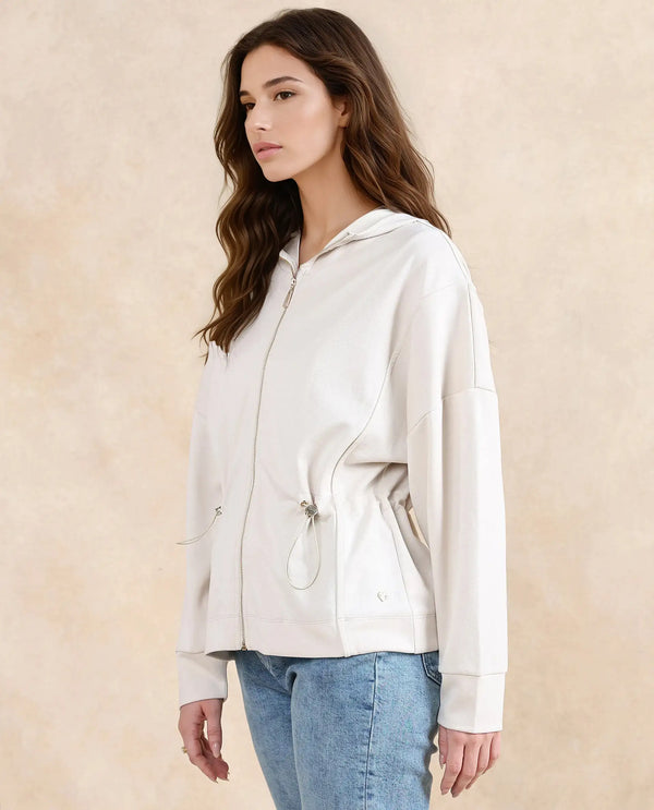 Rareism Women Onerler Off White Modal Lycra Fabric Full Sleeve Hooded Zipper Closure Relaxed Fit Plain Sweatshirt
