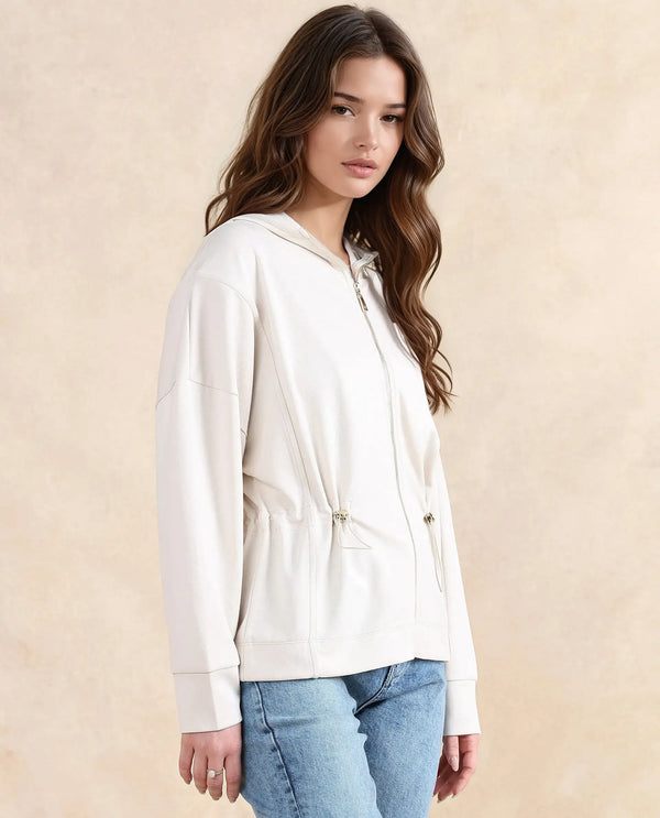 Rareism Women Onerler Off White Modal Lycra Fabric Full Sleeve Hooded Zipper Closure Relaxed Fit Plain Sweatshirt