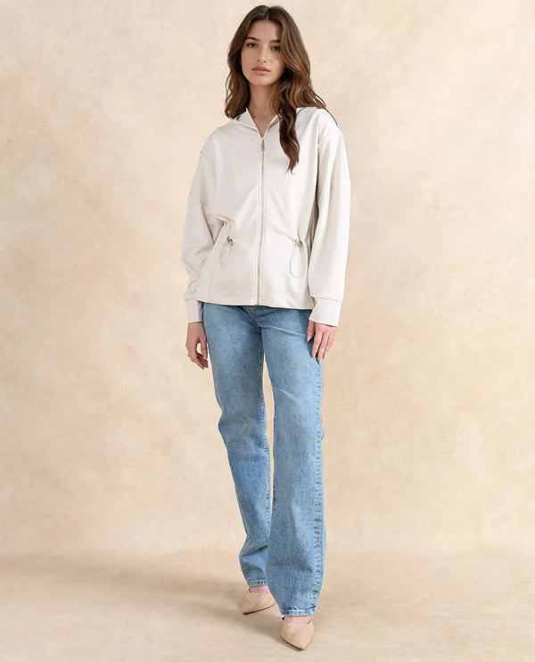 Rareism Women Onerler Off White Modal Lycra Fabric Full Sleeve Hooded Zipper Closure Relaxed Fit Plain Sweatshirt