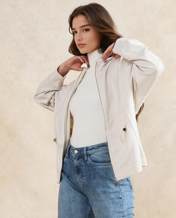 Rareism Women Onerler Off White Modal Lycra Fabric Full Sleeve Hooded Zipper Closure Relaxed Fit Plain Sweatshirt