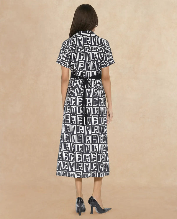 Rareism Women Onia Black Short Sleeve Collared Neck Button Closure A-Line Maxi Monogram Print Dress