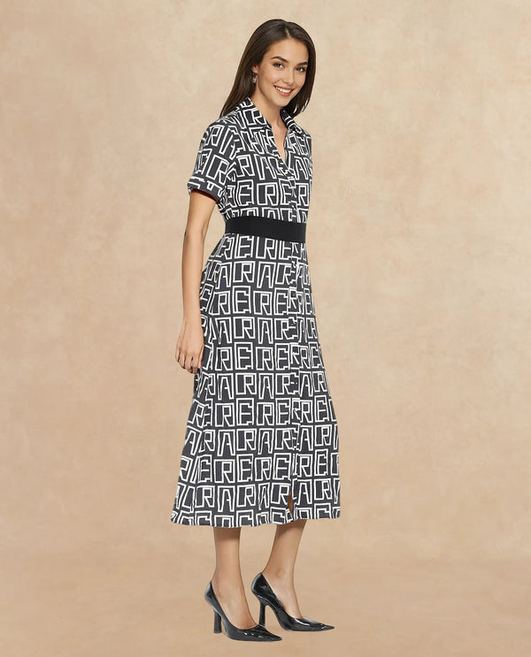 Rareism Women Onia Black Short Sleeve Collared Neck Button Closure A-Line Maxi Monogram Print Dress