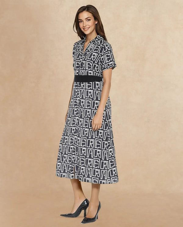 Rareism Women Onia Black Short Sleeve Collared Neck Button Closure A-Line Maxi Monogram Print Dress