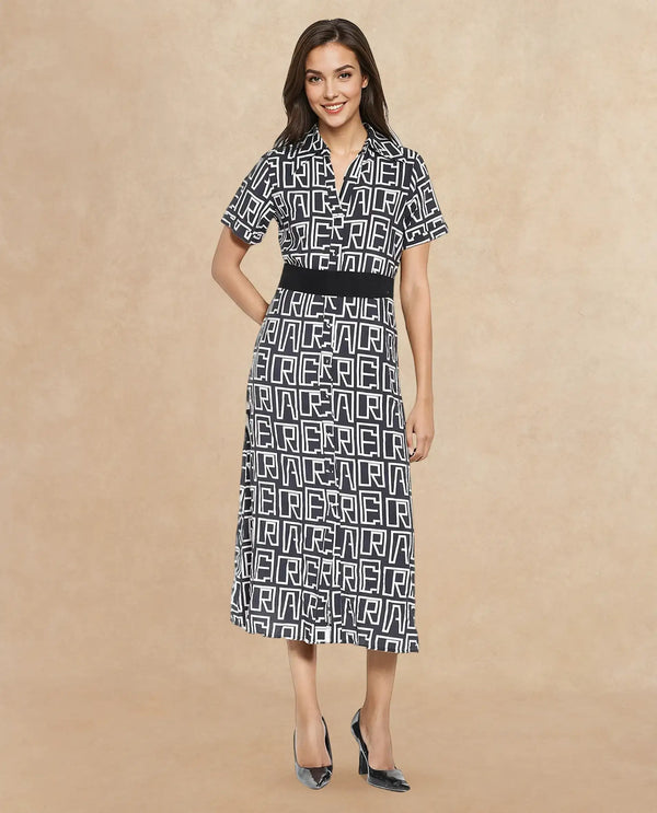 Rareism Women Onia Black Short Sleeve Collared Neck Button Closure A-Line Maxi Monogram Print Dress