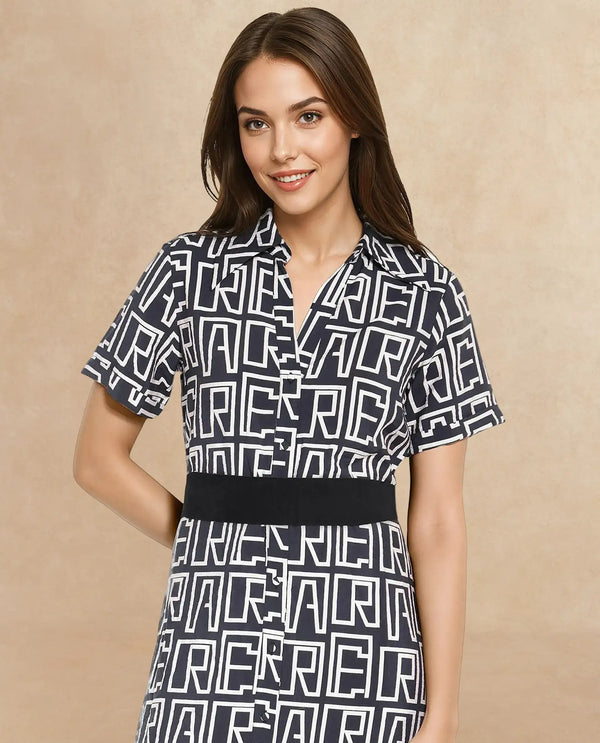 Rareism Women Onia Black Short Sleeve Collared Neck Button Closure A-Line Maxi Monogram Print Dress