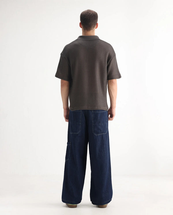 Rare Rabbit Men Onyx Dark Blue Cotton Blend Fabric Button And Zip Closure Baggy Fit Plain Jeans