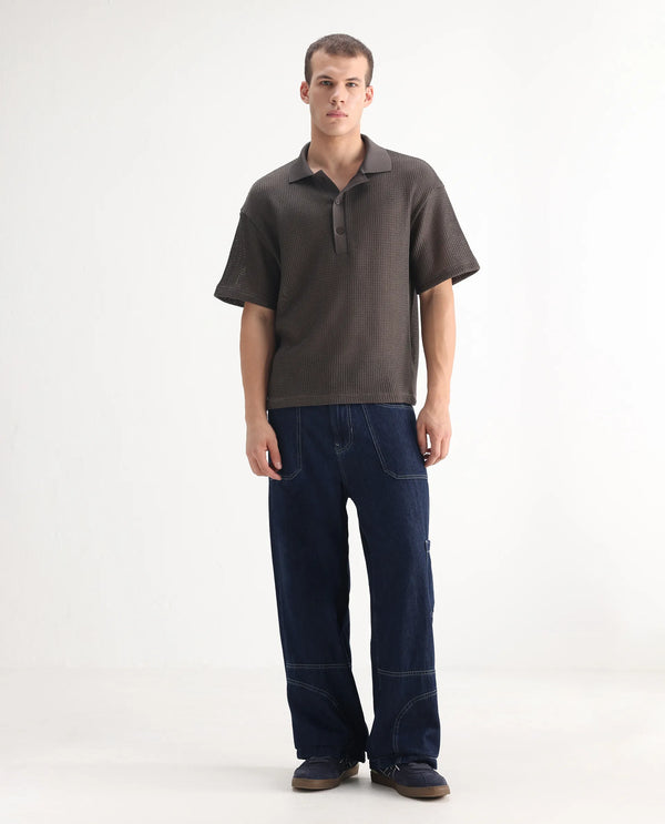 Rare Rabbit Men Onyx Dark Blue Cotton Blend Fabric Button And Zip Closure Baggy Fit Plain Jeans
