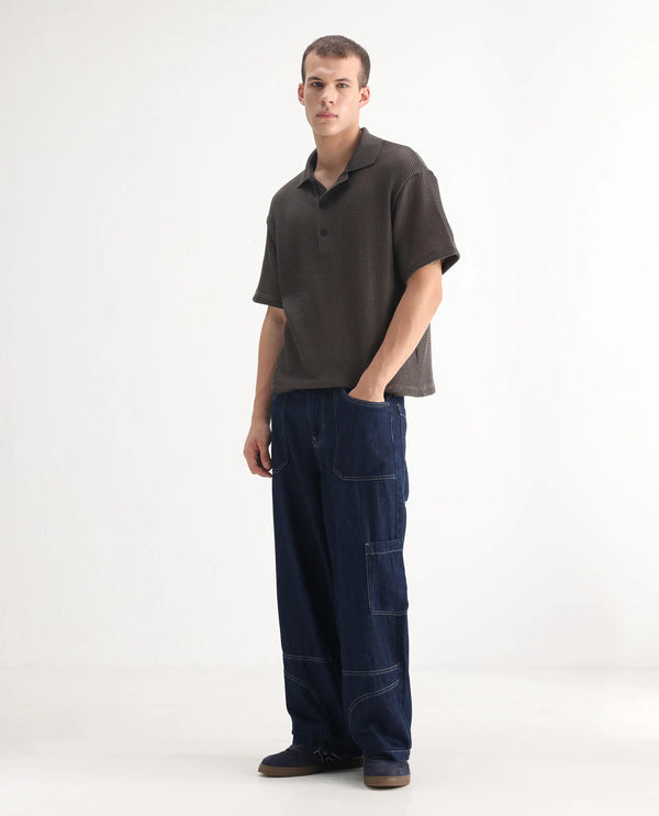 Rare Rabbit Men Onyx Dark Blue Cotton Blend Fabric Button And Zip Closure Baggy Fit Plain Jeans