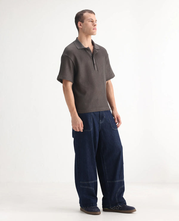 Rare Rabbit Men Onyx Dark Blue Cotton Blend Fabric Button And Zip Closure Baggy Fit Plain Jeans