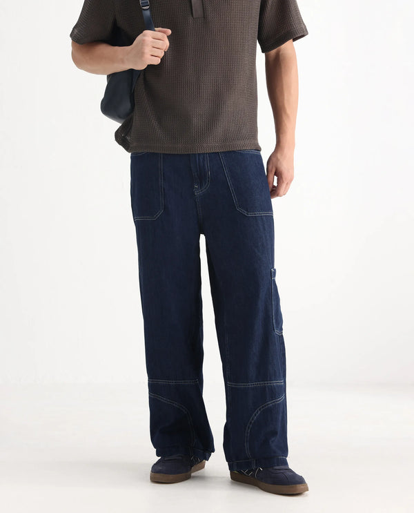 Rare Rabbit Men Onyx Dark Blue Cotton Blend Fabric Button And Zip Closure Baggy Fit Plain Jeans