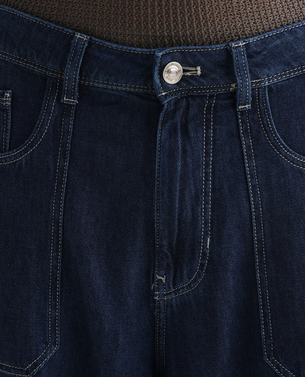Rare Rabbit Men Onyx Dark Blue Cotton Blend Fabric Button And Zip Closure Baggy Fit Plain Jeans