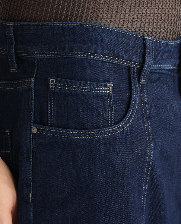 Rare Rabbit Men Onyx Dark Blue Cotton Blend Fabric Button And Zip Closure Baggy Fit Plain Jeans