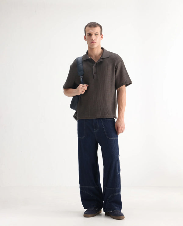 Rare Rabbit Men Onyx Dark Blue Cotton Blend Fabric Button And Zip Closure Baggy Fit Plain Jeans
