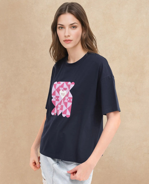 Rareism Women Oppamen Dark Navy Classic Comfort: Cotton-Elastane Crew Neck T-Shirt