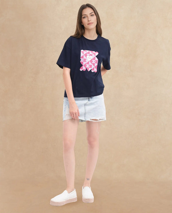 Rareism Women Oppamen Dark Navy Classic Comfort: Cotton-Elastane Crew Neck T-Shirt