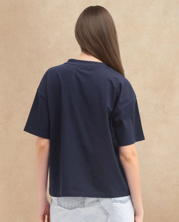 Rareism Women Oppamen Dark Navy Classic Comfort: Cotton-Elastane Crew Neck T-Shirt