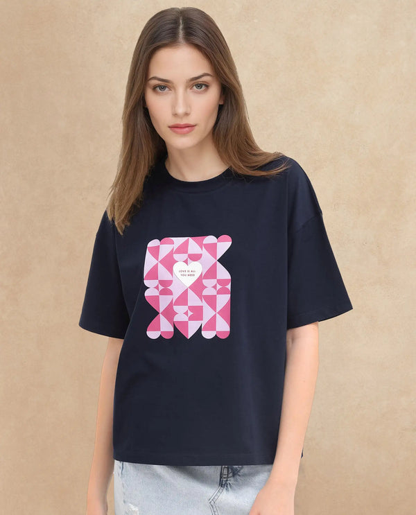 Rareism Women Oppamen Dark Navy Classic Comfort: Cotton-Elastane Crew Neck T-Shirt