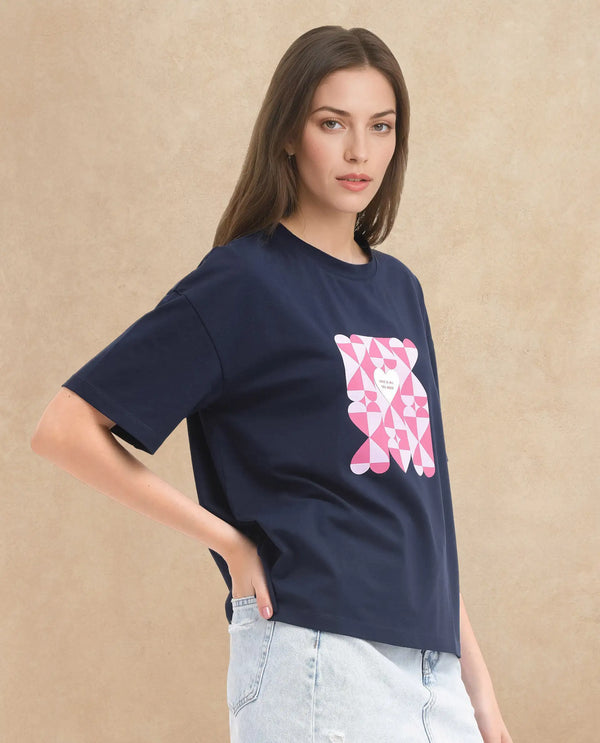 Rareism Women Oppamen Dark Navy Classic Comfort: Cotton-Elastane Crew Neck T-Shirt