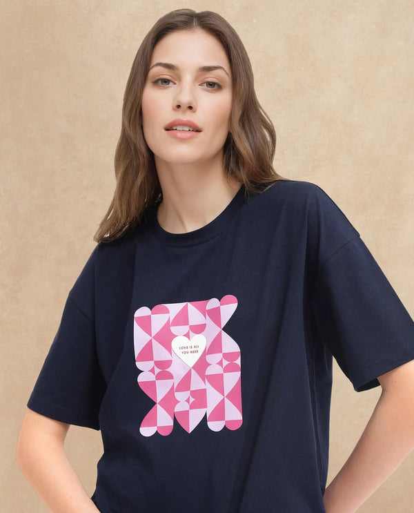 Rareism Women Oppamen Dark Navy Classic Comfort: Cotton-Elastane Crew Neck T-Shirt