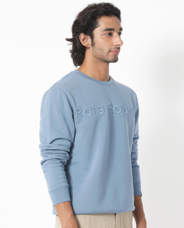 Rare Rabbit Men's Oranj Blue Cotton Polyester Fabric Full Sleeves Embroidery Branding Sweatshirt