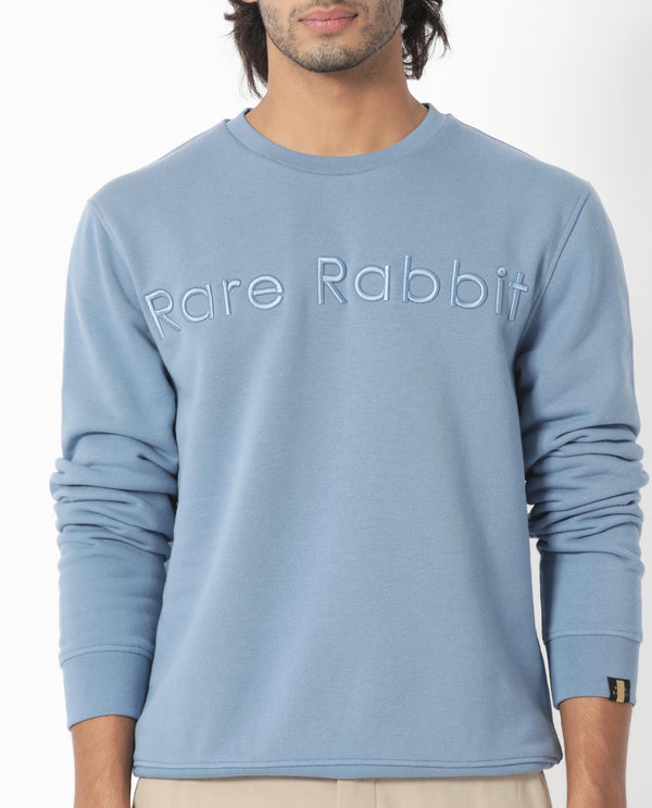 Rare Rabbit Men's Oranj Blue Cotton Polyester Fabric Full Sleeves Embroidery Branding Sweatshirt