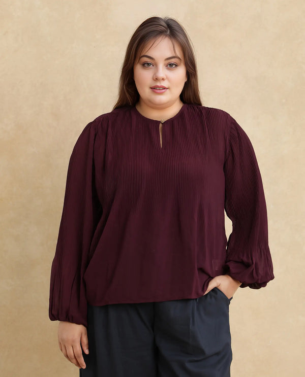 Rareism Women Ordu Purple Polyester Fabric Full Sleeve Mandarin Collar Plain Top